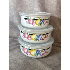 Vintage GMI Colorful Fruit Enamel Metal Set of 3 Nesting Mixing Bowls with Lids